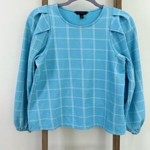Banana Republic Blue Plaid Puff sleeve boat neck top blouse size Extra Small